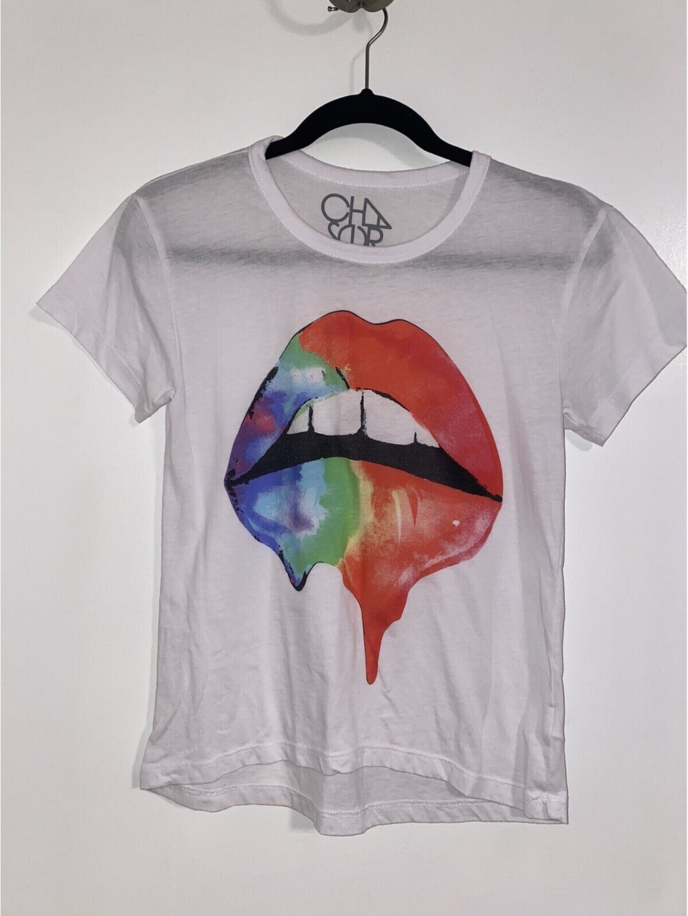 Chaser Tops Chaser Classic White Rainbow Lips Graphic Tee XS Relaxed fit